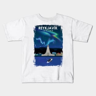 Reykjavik Iceland northern lights Travel Poster Kids T-Shirt